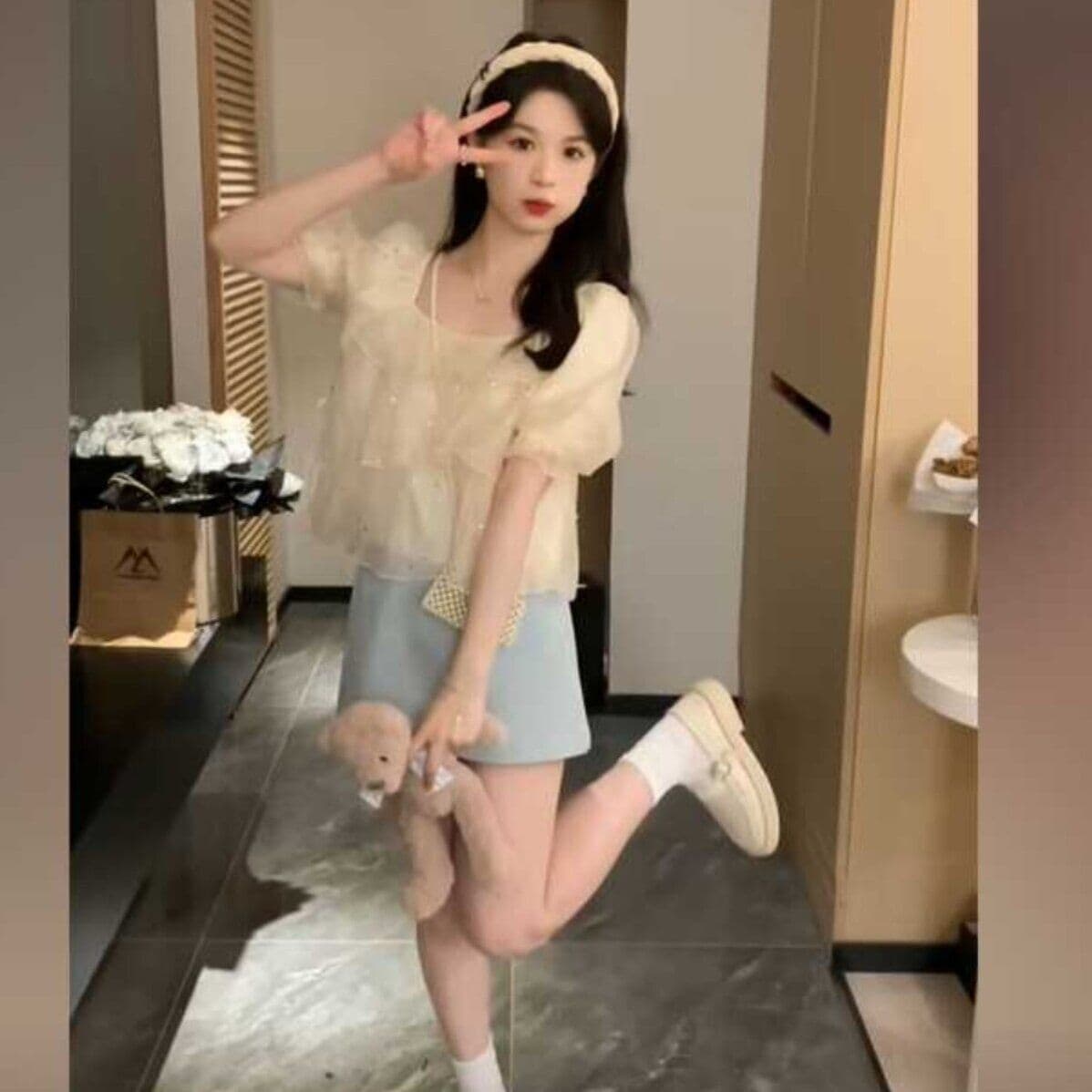 달콤함 층 새로운 연꽃 잎 광장 칼라 루즈핏 셔츠 연령 감소 Chic 디자인 플래시 스팽글 한 단어 케이크 맨위 여성 이미지 5