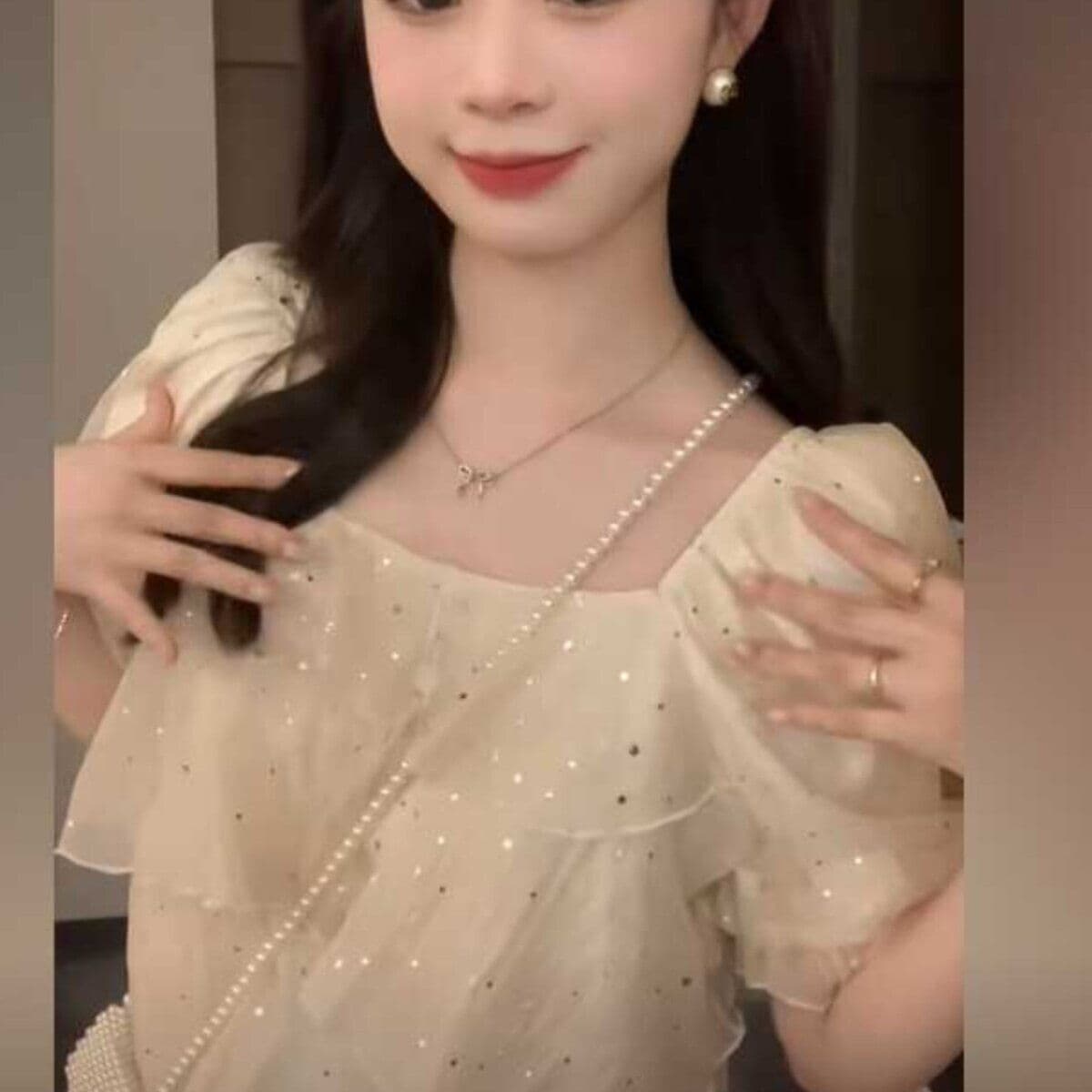달콤함 층 새로운 연꽃 잎 광장 칼라 루즈핏 셔츠 연령 감소 Chic 디자인 플래시 스팽글 한 단어 케이크 맨위 여성 이미지 2