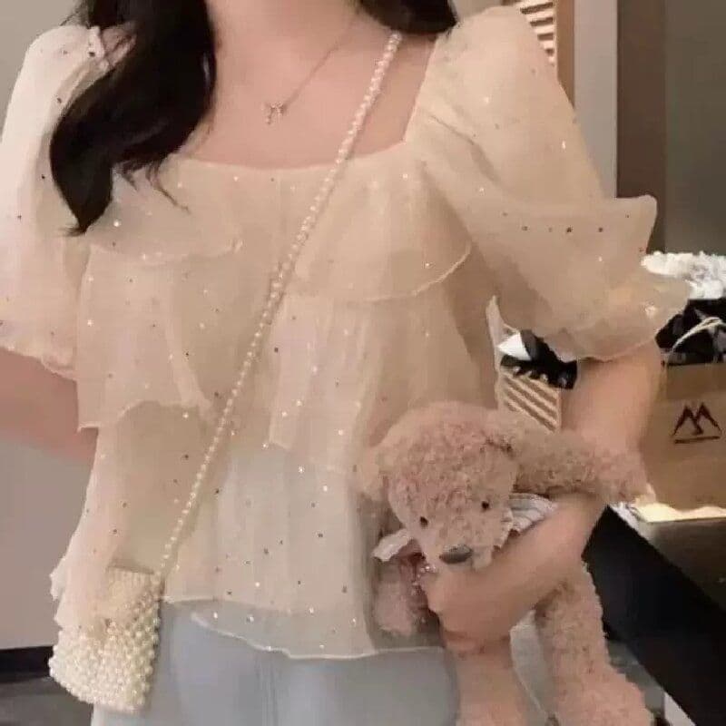 달콤함 층 새로운 연꽃 잎 광장 칼라 루즈핏 셔츠 연령 감소 Chic 디자인 플래시 스팽글 한 단어 케이크 맨위 여성 이미지 3
