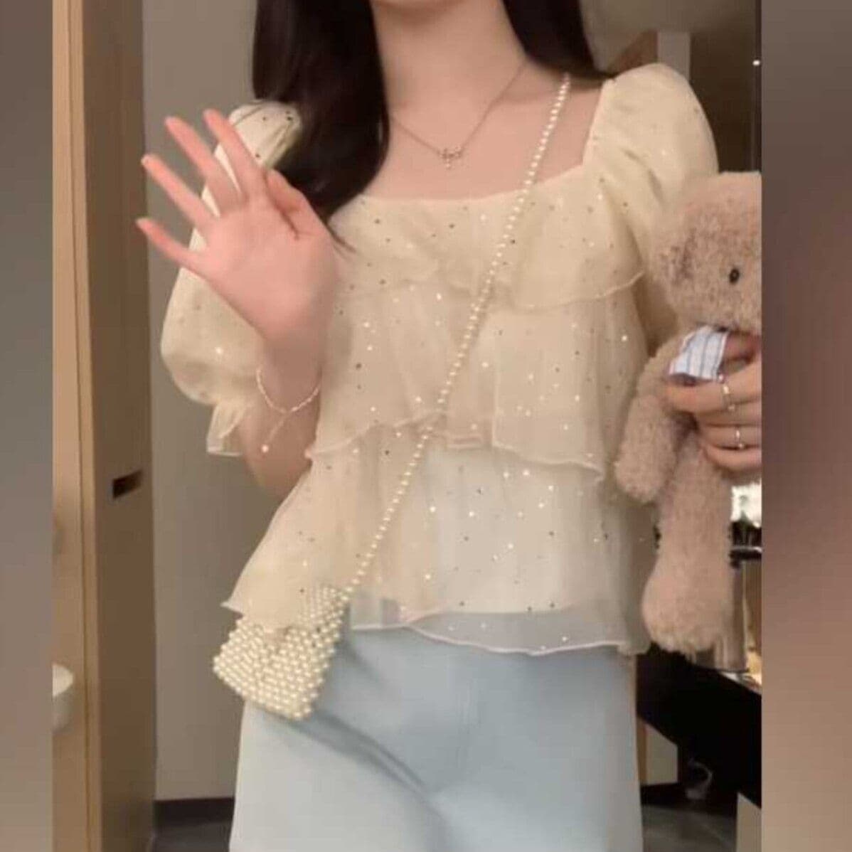 달콤함 층 새로운 연꽃 잎 광장 칼라 루즈핏 셔츠 연령 감소 Chic 디자인 플래시 스팽글 한 단어 케이크 맨위 여성 상세 이미지 1