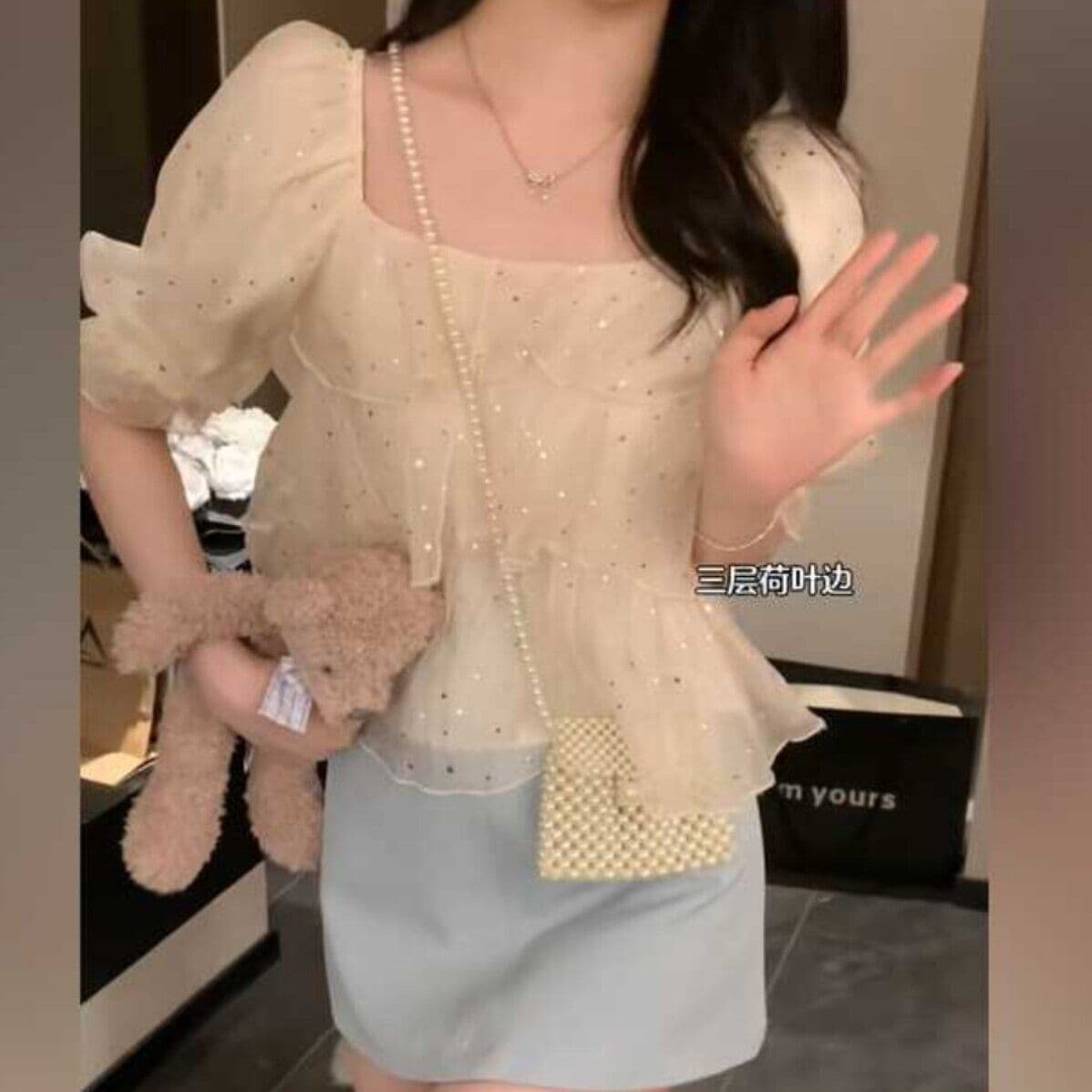 달콤함 층 새로운 연꽃 잎 광장 칼라 루즈핏 셔츠 연령 감소 Chic 디자인 플래시 스팽글 한 단어 케이크 맨위 여성 상세 이미지 5