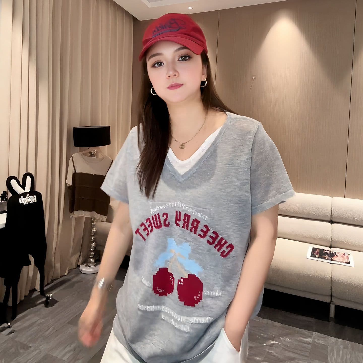 눈꽃 면 빅 사이즈 한 부서 V넥 페이크 레이어드 반팔 여성 여름 새로운 슬림해 보이는 고유 한 Chic 아름다운 티셔츠 맨위 이미지 4