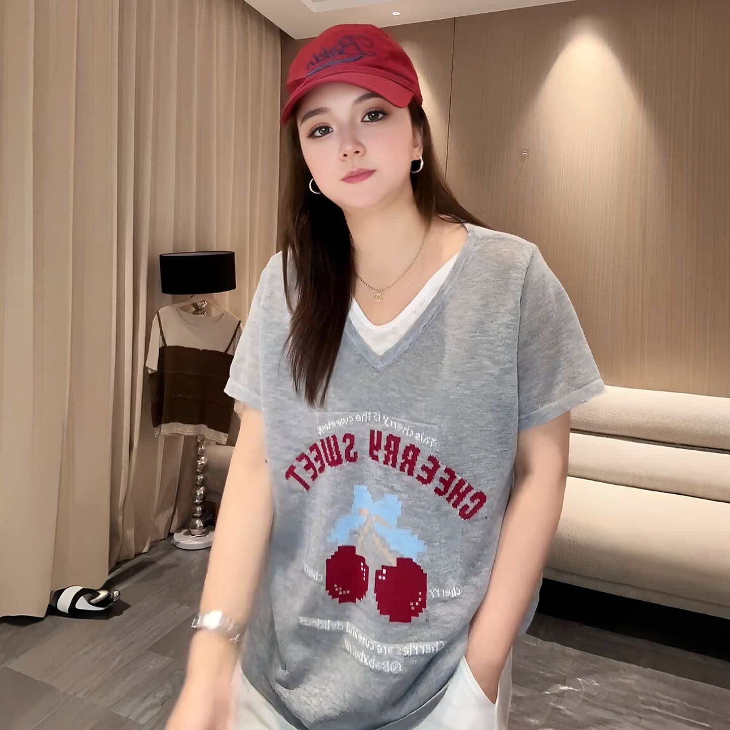 눈꽃 면 빅 사이즈 한 부서 V넥 페이크 레이어드 반팔 여성 여름 새로운 슬림해 보이는 고유 한 Chic 아름다운 티셔츠 맨위 상세 이미지 1