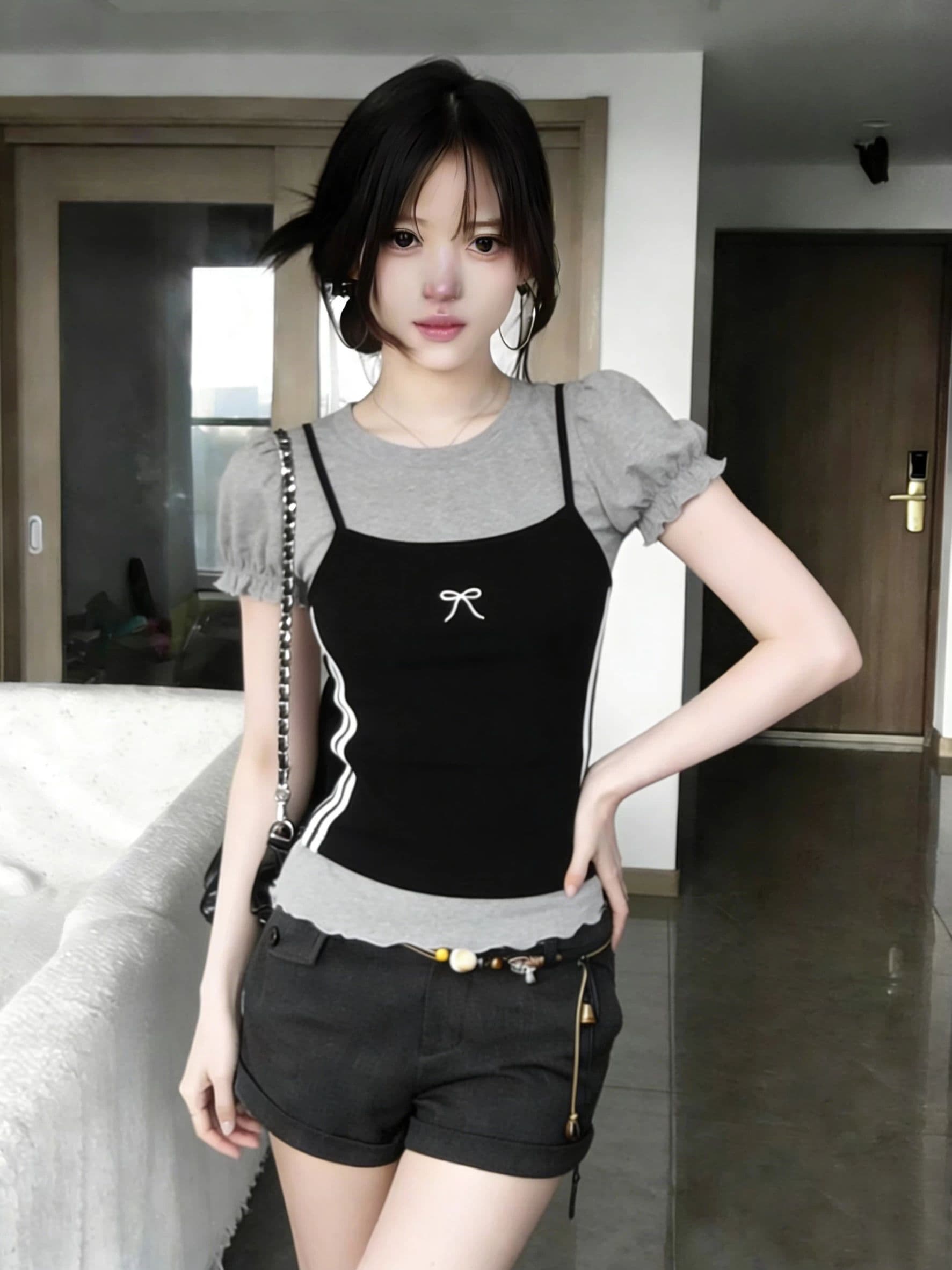 사람들 면 260 그램 페이크 레이어드 버블 반팔 티셔츠 여성 여름 몸매 가꾸기 새로운 슬림해 보이는 스택 착용 품격 핫걸 맨위