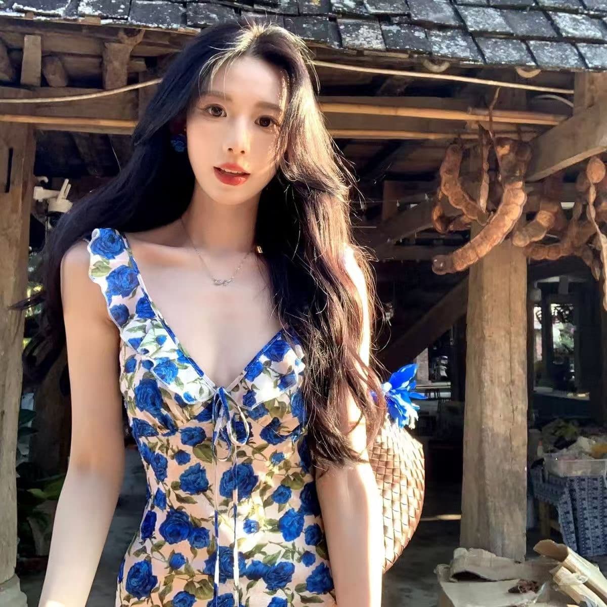 톰 글 래 원인 블루 V넥 꽃무늬 슬립 여성 드레스 여름 휴가 바람 롱 스커트 상세 이미지 5