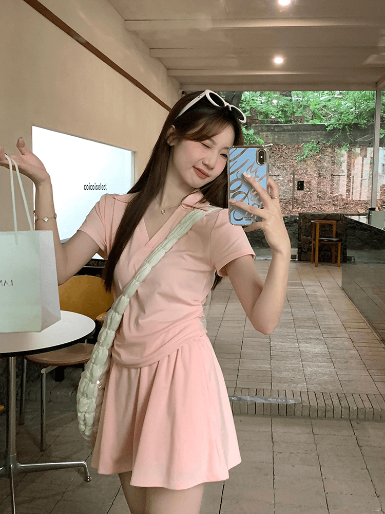 있음 안감 한국 스타일 세트 여성 새로운 여름 POLO 칼라 주름 긍정적 인 어깨 의류 미니 스커트 투피스 세트 이미지 3