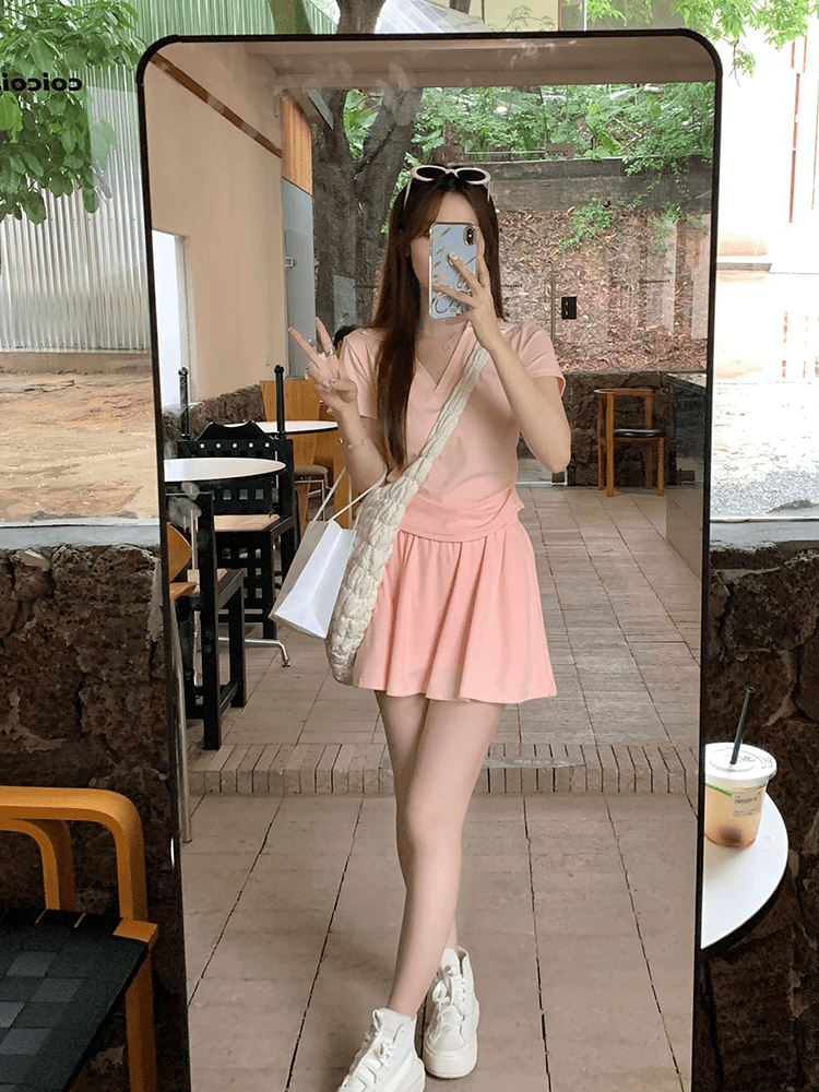 있음 안감 한국 스타일 세트 여성 새로운 여름 POLO 칼라 주름 긍정적 인 어깨 의류 미니 스커트 투피스 세트 상세 이미지 3