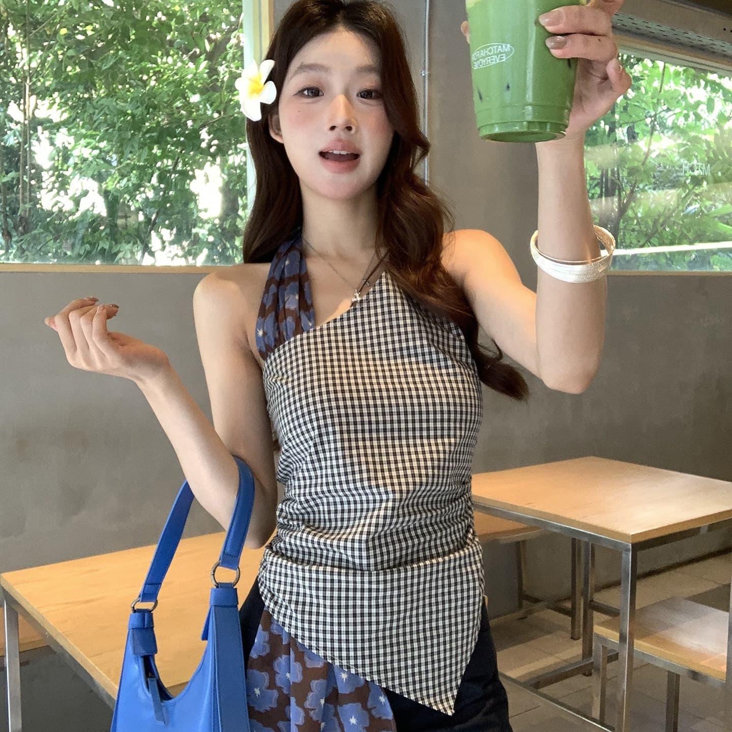 캐미솔 여름 외출용 아름다움 뒤로 체크무늬 디자인 센스 고유 한 아름다운 몸매 가꾸기 민소매 행침 목 작은 대중 맨위 이미지 5