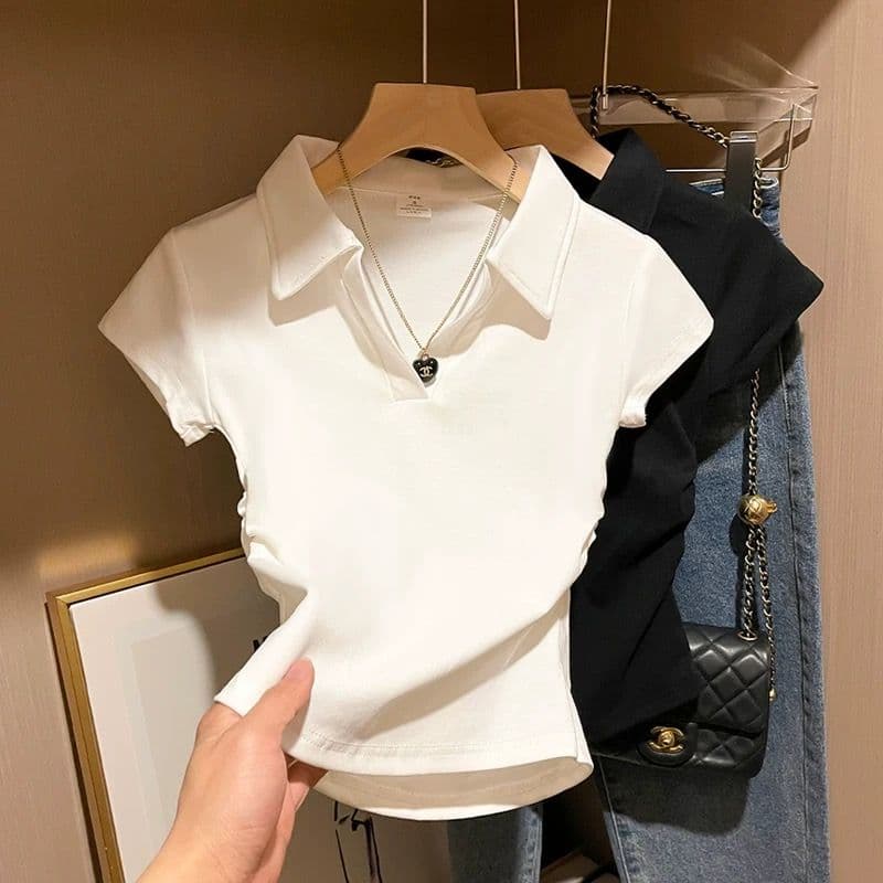 높은 품질 화이트 POLO 칼라 긍정적 인 어깨 반팔 티셔츠 여성 여름 새로운 허리 수축 디스플레이 얇고 작은 맨위 상세 이미지 1