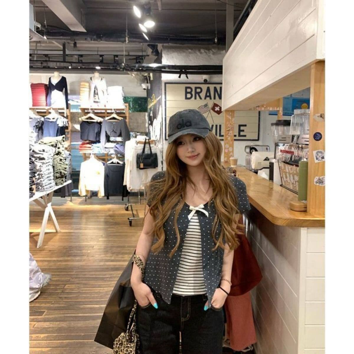 한 여성 일상 한 부서 마이크로 지방 mm 페이크 레이어드 귀여운 슬림해 보이는 봄 여름 도트 무늬 스트라이프 반팔 맨위 이미지 5