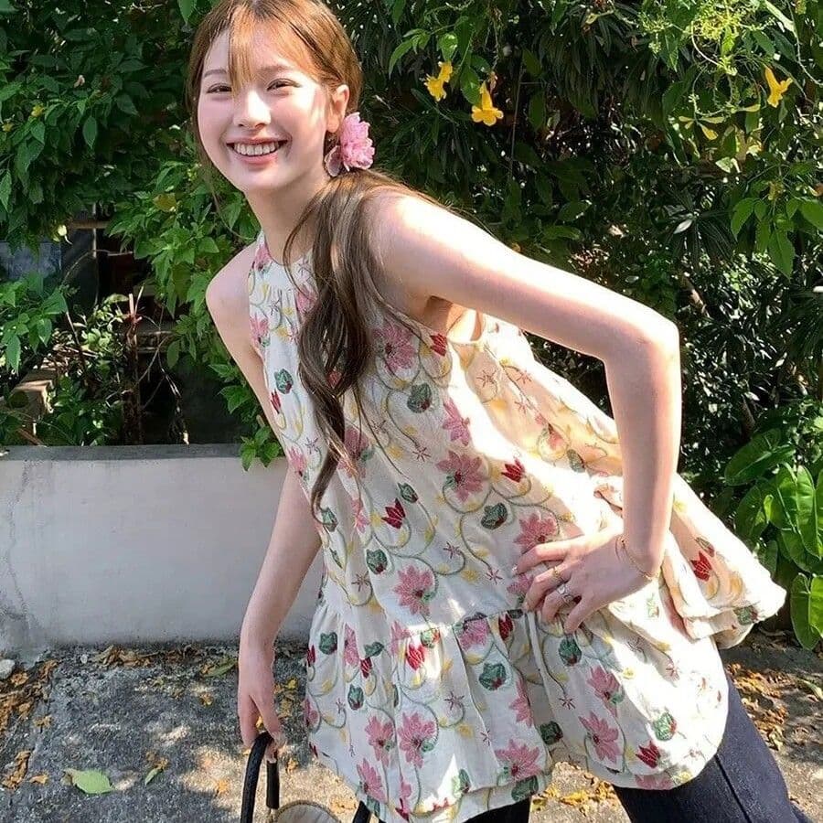 핑크색 꽃무늬 행침 목 슬립 조끼 스커트 여성 외출용 여름 무거운 작업 프린트 불규칙 프릴 민소매 맨위 상세 이미지 1