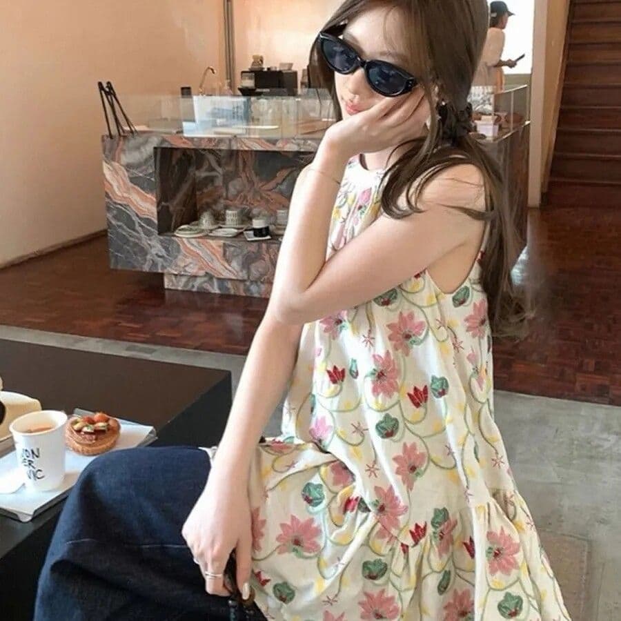 핑크색 꽃무늬 행침 목 슬립 조끼 스커트 여성 외출용 여름 무거운 작업 프린트 불규칙 프릴 민소매 맨위 상세 이미지 3