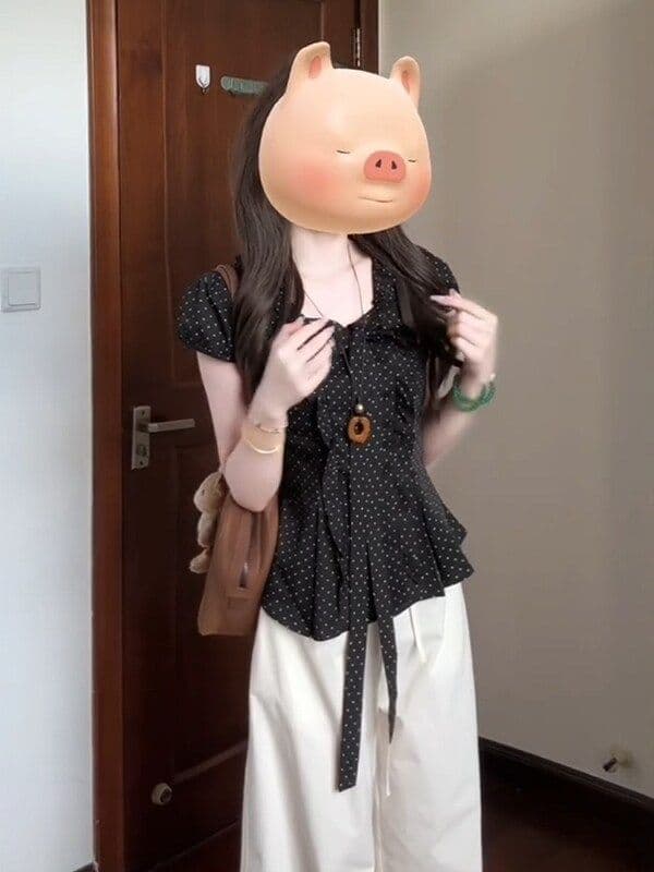 한 부서 도트 무늬 나비 매듭 반팔 여성 셔츠 여름 디자인 센스 작은 대중 주름 허리 수축 몸매 가꾸기 달콤한 핫걸 맨위 이미지 3