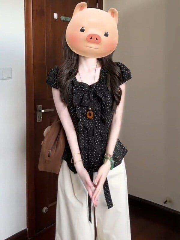 한 부서 도트 무늬 나비 매듭 반팔 여성 셔츠 여름 디자인 센스 작은 대중 주름 허리 수축 몸매 가꾸기 달콤한 핫걸 맨위 이미지 2