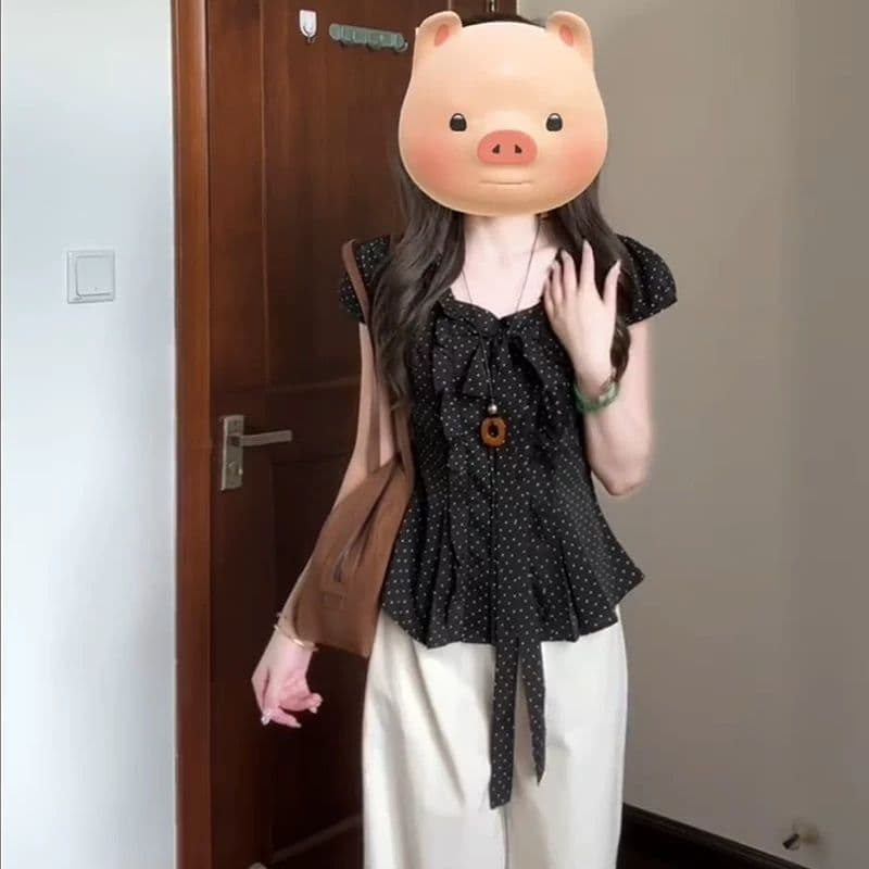 한 부서 도트 무늬 나비 매듭 반팔 여성 셔츠 여름 디자인 센스 작은 대중 주름 허리 수축 몸매 가꾸기 달콤한 핫걸 맨위 상세 이미지 1