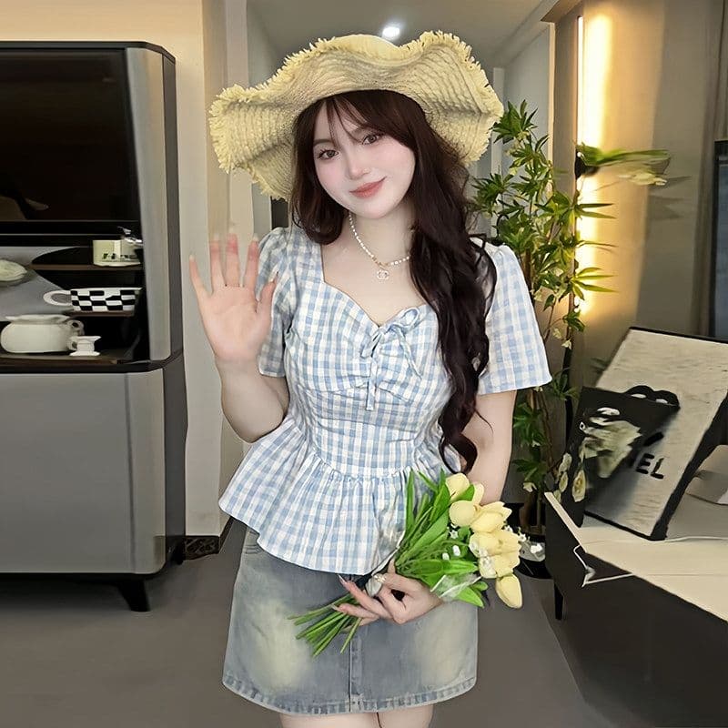 빅 사이즈 프랑스식 체크무늬 반팔 여성 셔츠 여름 고급 센스 지방 mm 허리 수축 슬림해 보이는 셔츠 Chic 아름다운 맨위