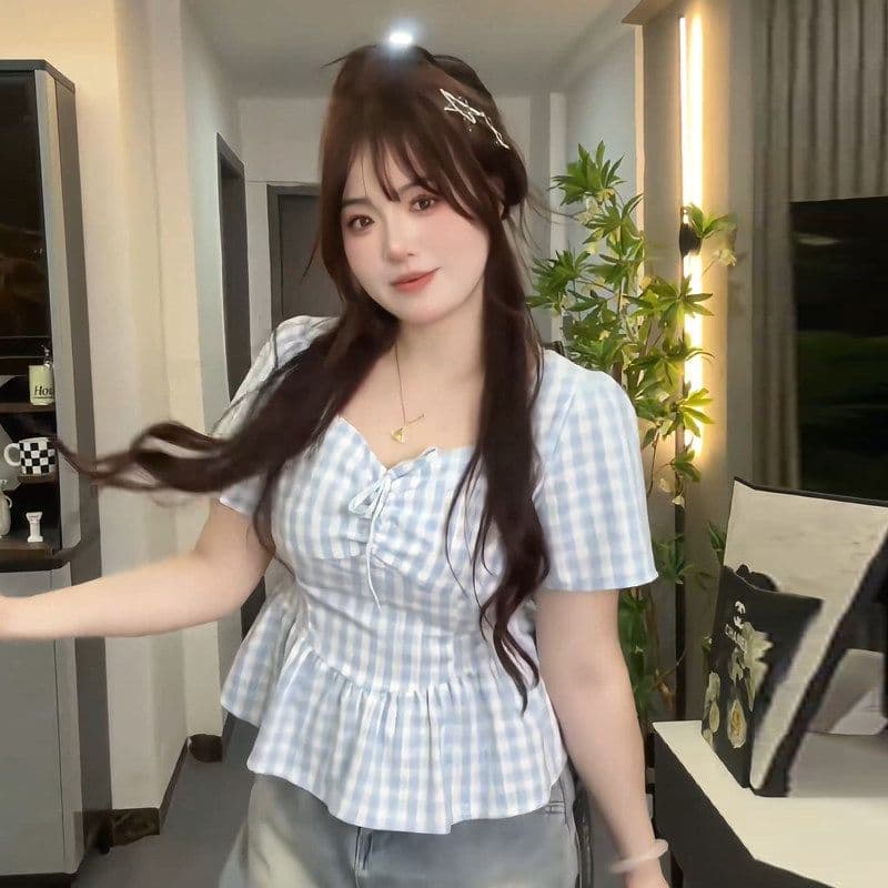 빅 사이즈 프랑스식 체크무늬 반팔 여성 셔츠 여름 고급 센스 지방 mm 허리 수축 슬림해 보이는 셔츠 Chic 아름다운 맨위 이미지 3