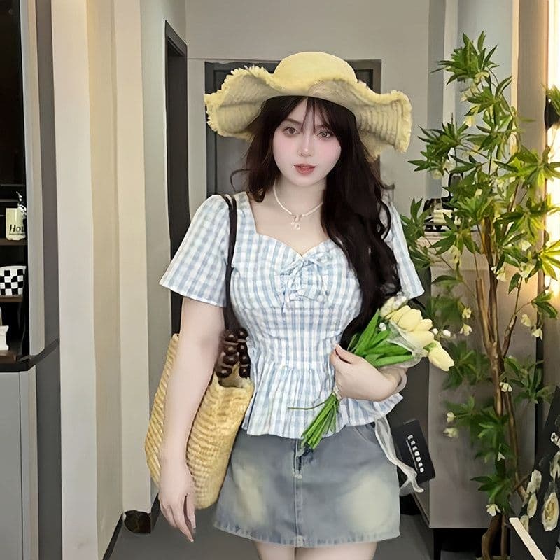 빅 사이즈 프랑스식 체크무늬 반팔 여성 셔츠 여름 고급 센스 지방 mm 허리 수축 슬림해 보이는 셔츠 Chic 아름다운 맨위 상세 이미지 2