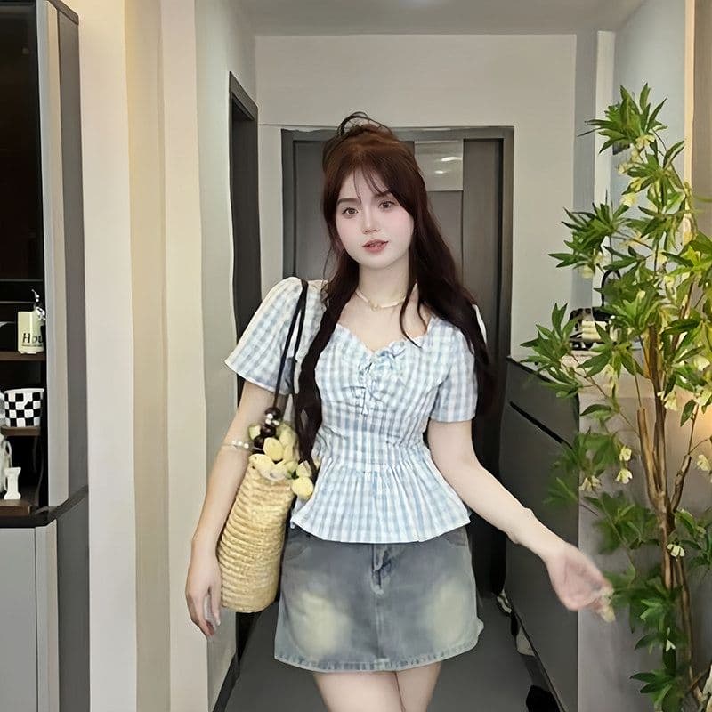 빅 사이즈 프랑스식 체크무늬 반팔 여성 셔츠 여름 고급 센스 지방 mm 허리 수축 슬림해 보이는 셔츠 Chic 아름다운 맨위 상세 이미지 3