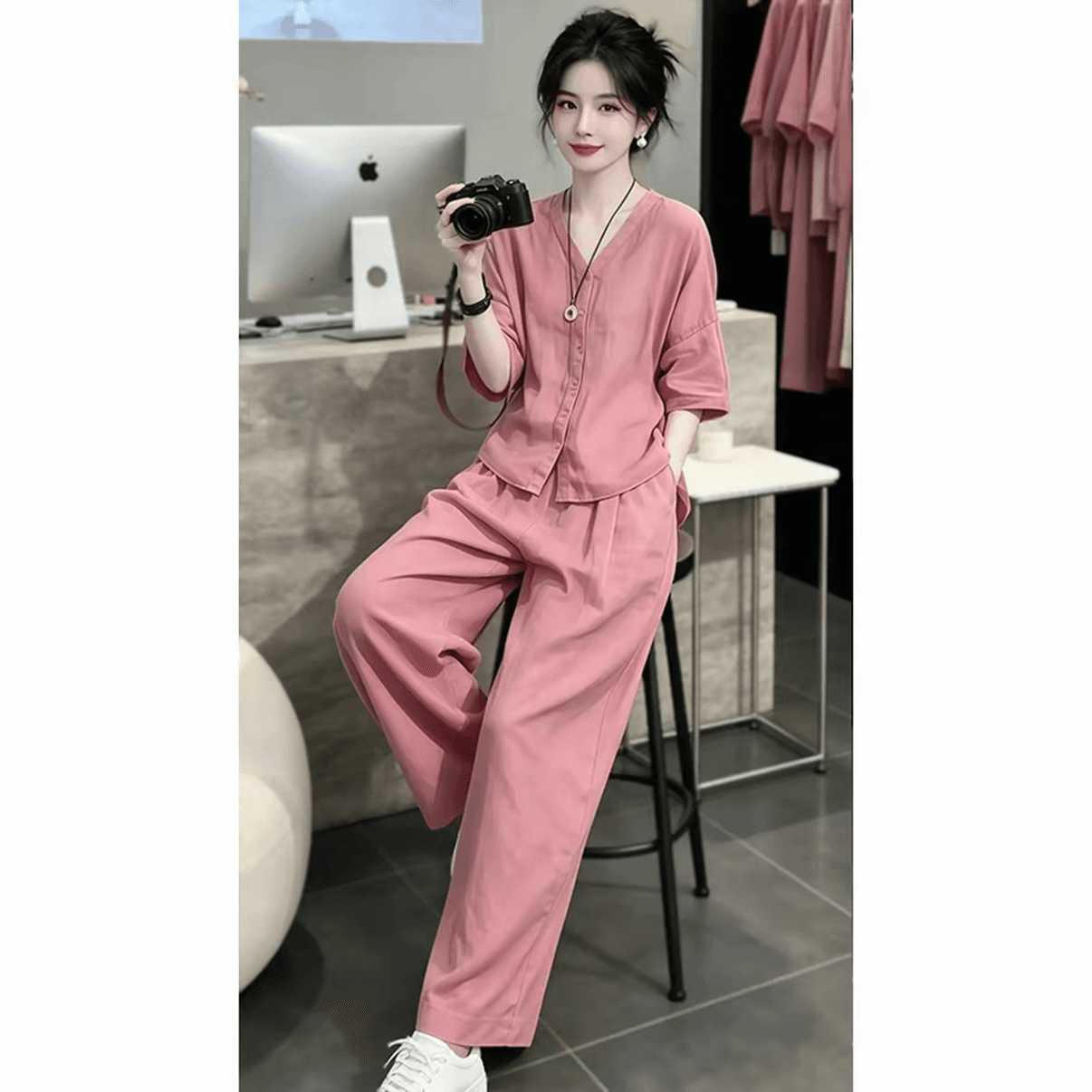 패션 세트 여성 2026 여름 새로운 대양 품격 루즈핏 슬림해 보이는 반팔 셔츠 와이드 레그 팬츠 캐주얼 투피스 세트 이미지 5
