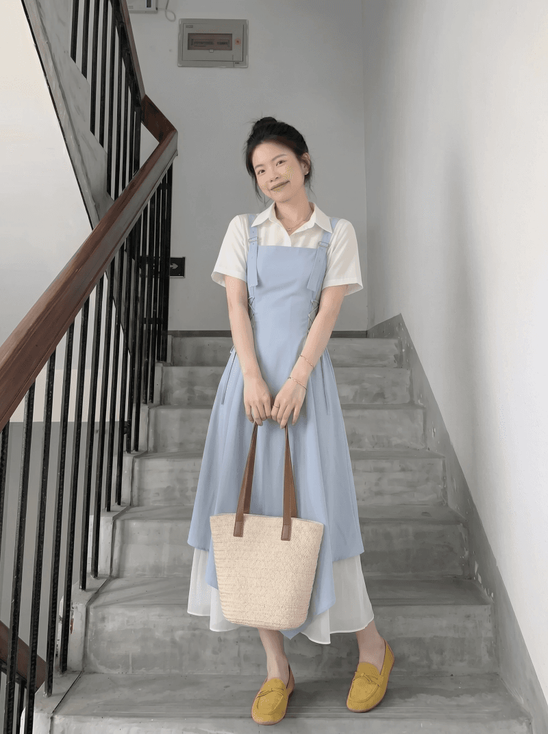 프랑스식 하늘색 점프 슈트 치마 세트 여성 여름 2026 자이언트 잘 생긴 꼬집기 허리 불규칙 롱 스커트 아름다운 멜빵 스커트 상세 이미지 1