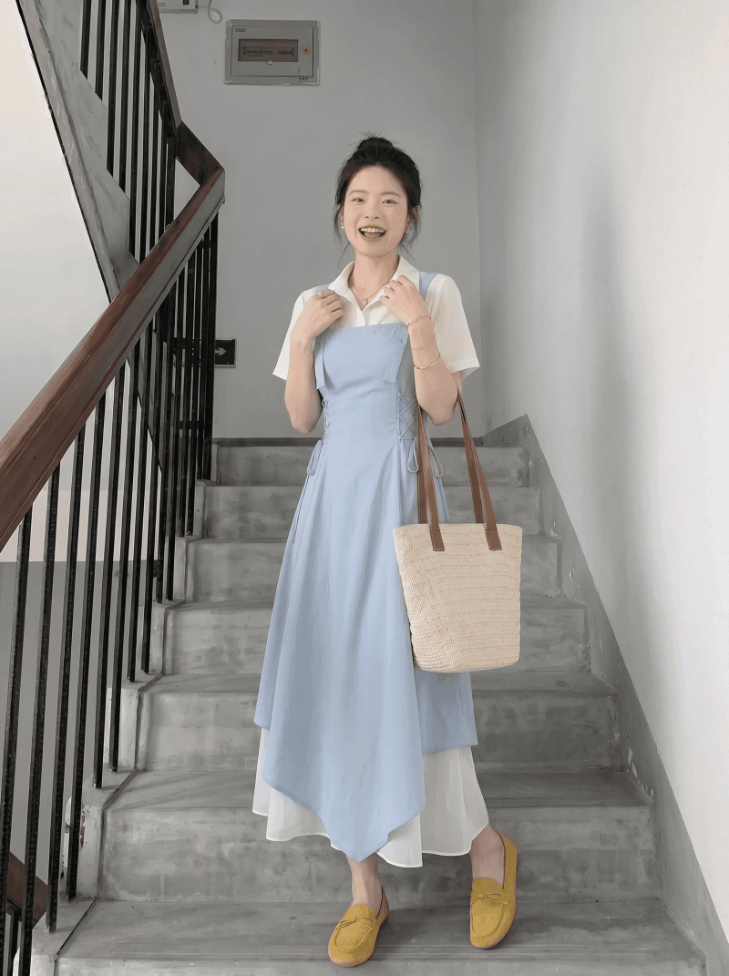 프랑스식 하늘색 점프 슈트 치마 세트 여성 여름 2026 자이언트 잘 생긴 꼬집기 허리 불규칙 롱 스커트 아름다운 멜빵 스커트 상세 이미지 2