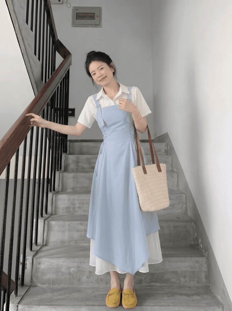 프랑스식 하늘색 점프 슈트 치마 세트 여성 여름 2026 자이언트 잘 생긴 꼬집기 허리 불규칙 롱 스커트 아름다운 멜빵 스커트 상세 이미지 4