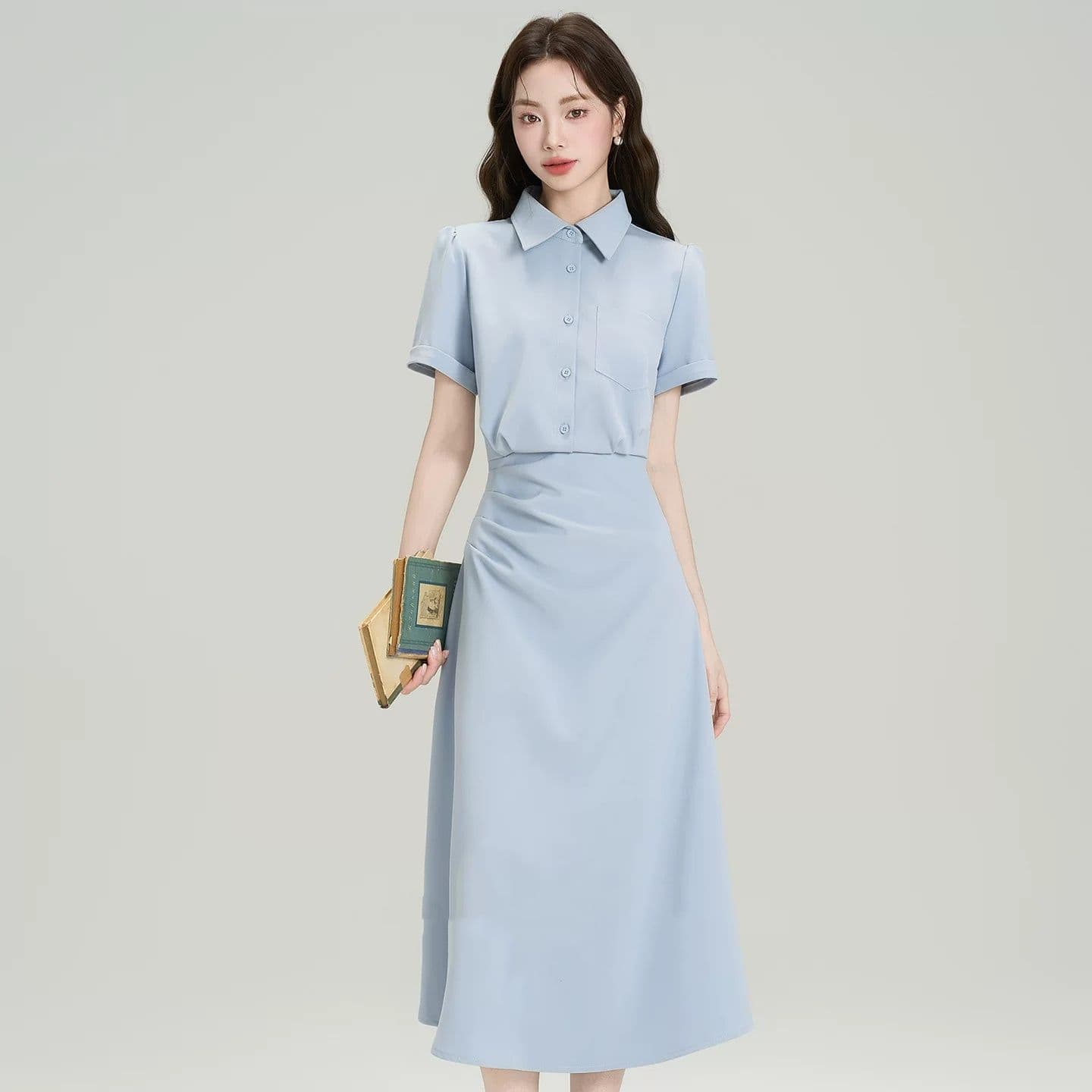 프랑스식 POLO 칼라 꼬집기 허리 슬림해 보이는 드레스 여름 새로운 교 자본금 면접 출퇴근 품격 셔츠 드레스 이미지 4