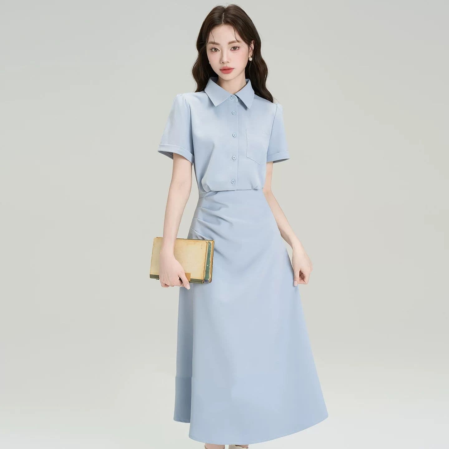 프랑스식 POLO 칼라 꼬집기 허리 슬림해 보이는 드레스 여름 새로운 교 자본금 면접 출퇴근 품격 셔츠 드레스 이미지 5