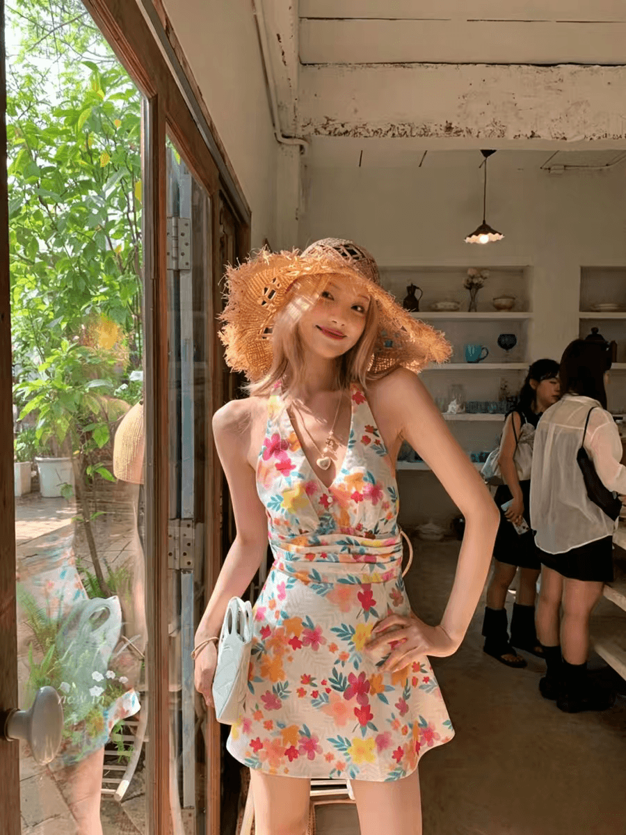 모네 뒷 정원 도파민 행침 목 여성 드레스 여름 새로운 태국 삼아 해변가 휴가 꽃무늬 슬립 드레스 상세 이미지 1