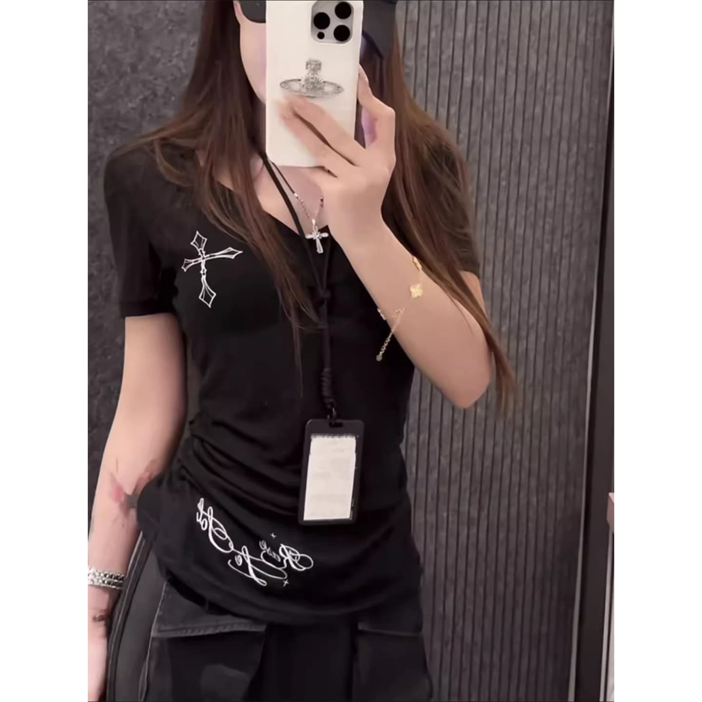 40 순면 210 그램 한 부서 순수한 욕망 알파벳 십자가 프린트 빅 브이 넥 반팔 티셔츠 이미지 5