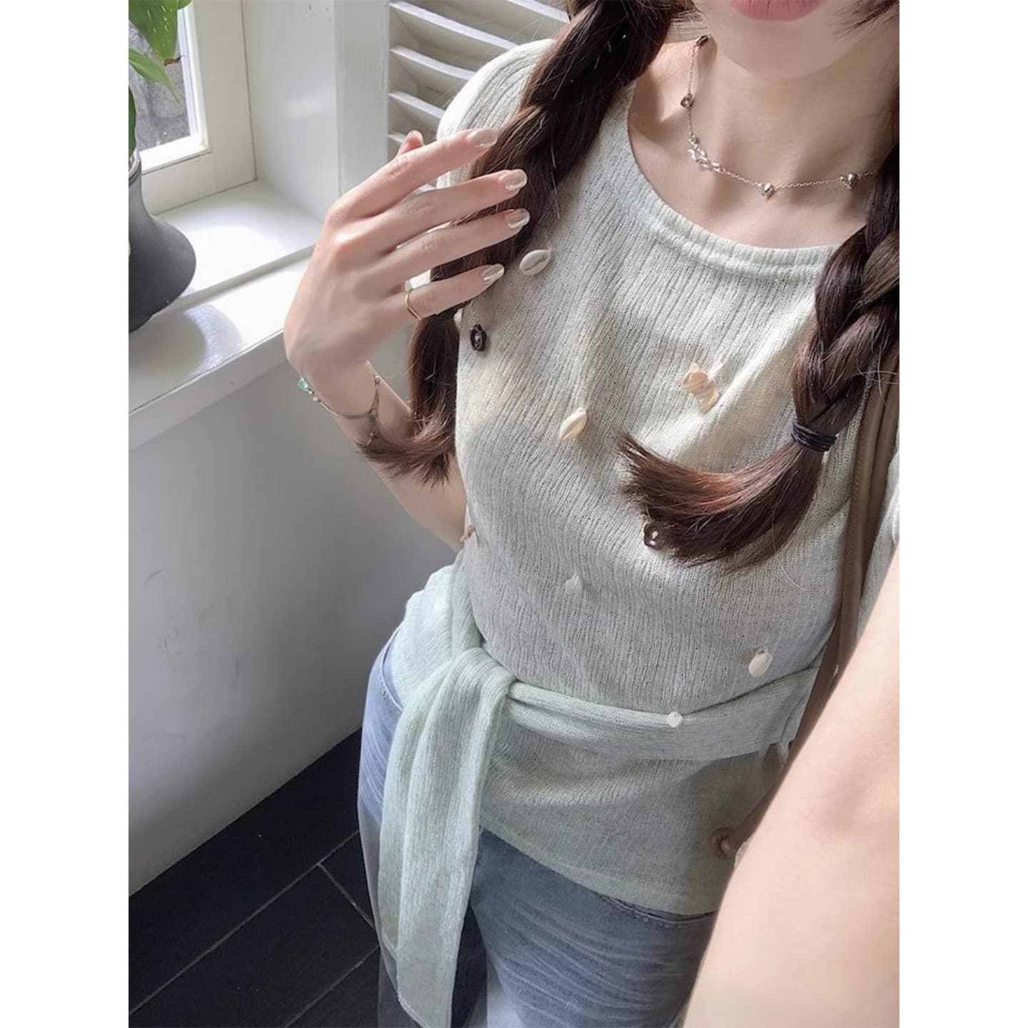 원본 원단 여름 새로운 스트랩 몸매 가꾸기 슬림해 보이는 한 부서 달콤함 라운드 넥 슬림해 보이는 맨위 이미지 5