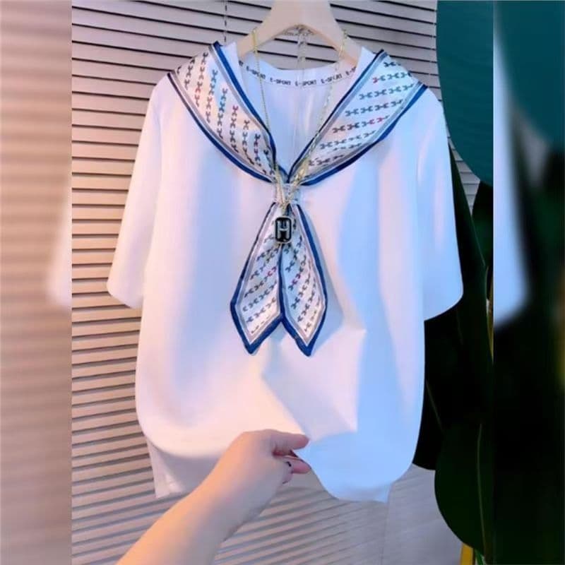순면 빅 사이즈 Chic 티셔츠 2026 여름 새로운 경기 스카프 디자인 센스 절대적으로 반팔 아름다움 품격 맨위 여성 상세 이미지 2