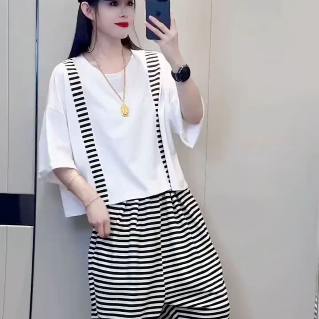 컬러 짜임 기사 구슬 그라운드 스트라이프 세트 여성 레저 루즈핏 새로운 여름 운동 작은 키 패션 투피스 세트 상세 이미지 5