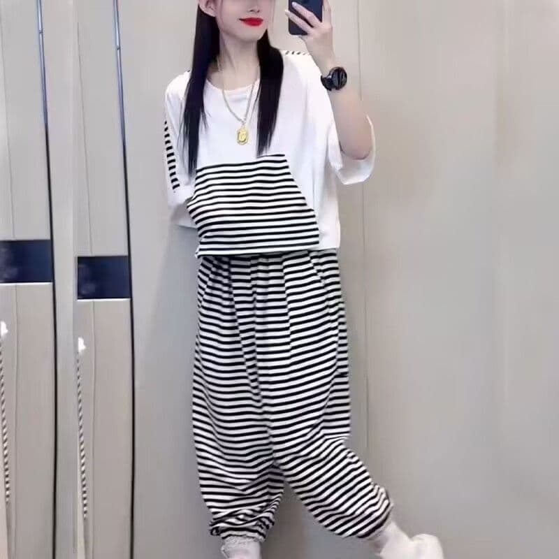 컬러 짜임 기사 구슬 그라운드 스트라이프 세트 여성 레저 루즈핏 새로운 여름 운동 작은 키 패션 투피스 세트 상세 이미지 7