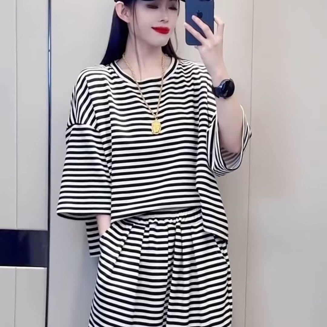 컬러 짜임 기사 구슬 그라운드 스트라이프 세트 여성 레저 루즈핏 새로운 여름 운동 작은 키 패션 투피스 세트 상세 이미지 10