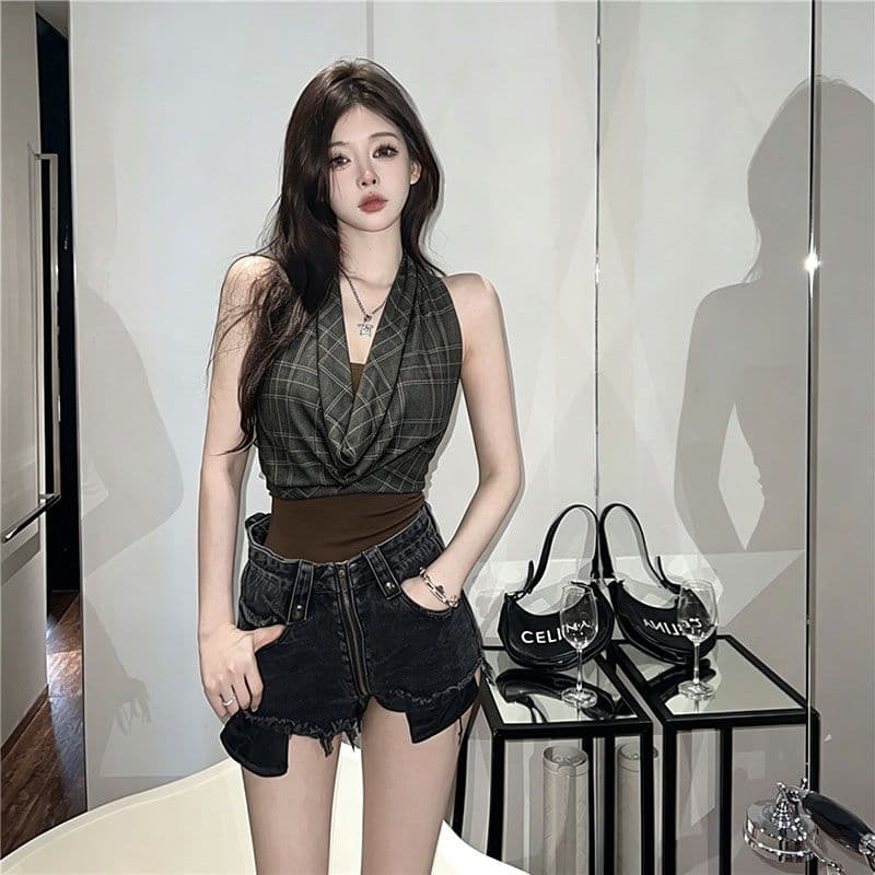 레트로 핫걸 바람 체크무늬 패치워크 행침 목 흔들다 칼라 조끼 여성 여름 슬림해 보이는 민소매 슬립 쇼트 스타일 맨위 이미지 3