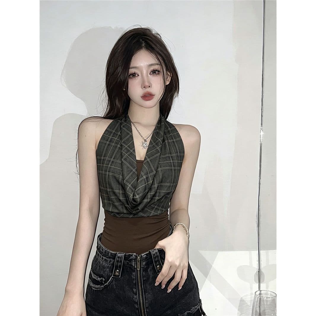 레트로 핫걸 바람 체크무늬 패치워크 행침 목 흔들다 칼라 조끼 여성 여름 슬림해 보이는 민소매 슬립 쇼트 스타일 맨위 이미지 5