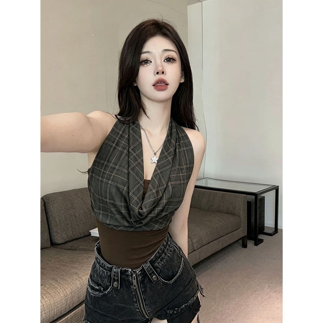 레트로 핫걸 바람 체크무늬 패치워크 행침 목 흔들다 칼라 조끼 여성 여름 슬림해 보이는 민소매 슬립 쇼트 스타일 맨위 이미지 4