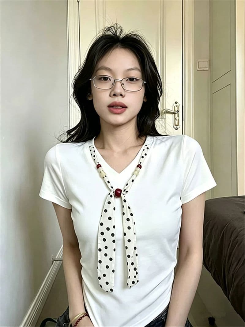 210 그램 40 순면 V넥 도트 무늬 레이스업 긍정적 인 어깨 반팔 티셔츠 여성 몸매 가꾸기 맨위