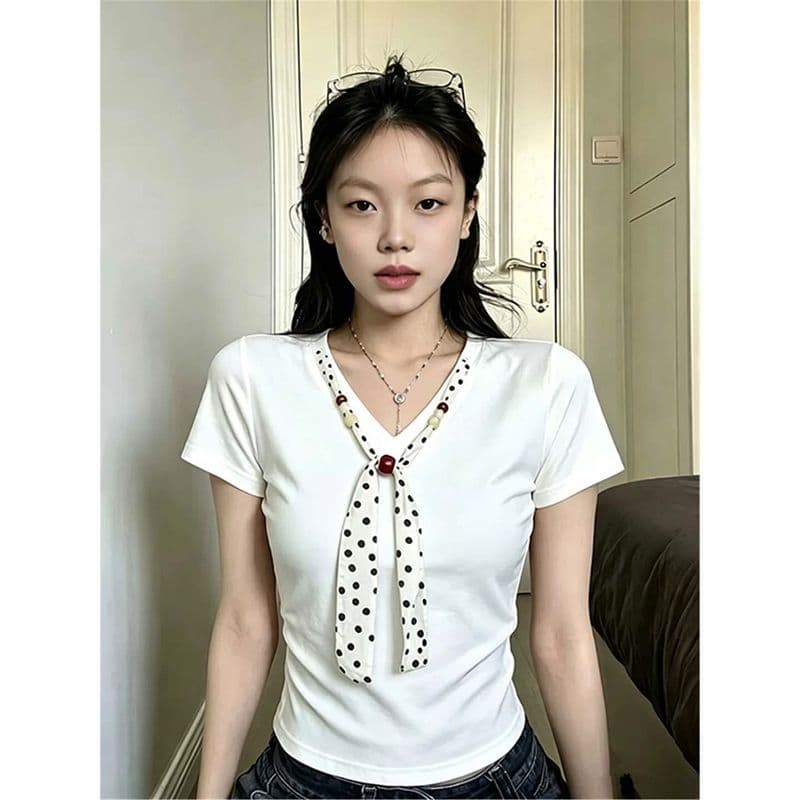 210 그램 40 순면 V넥 도트 무늬 레이스업 긍정적 인 어깨 반팔 티셔츠 여성 몸매 가꾸기 맨위 상세 이미지 3