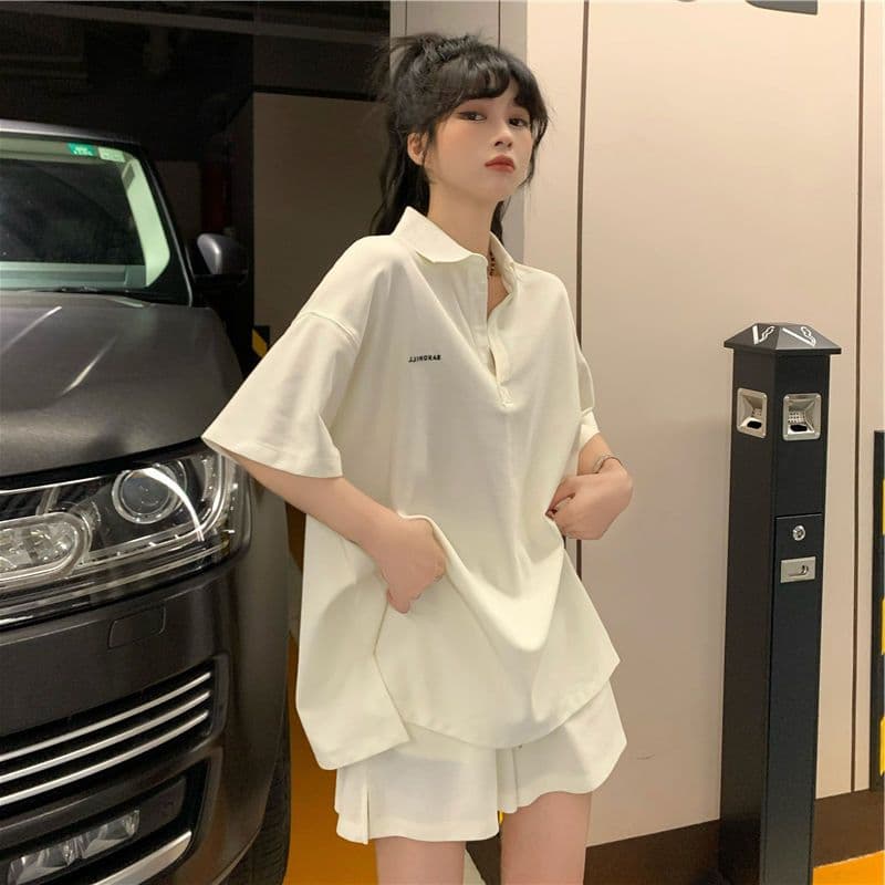 2026 새로운 높은 품질 루즈핏 캐주얼 POLO 칼라 반팔 티셔츠 세트 소녀 여름 운동 반바지 투피스 세트