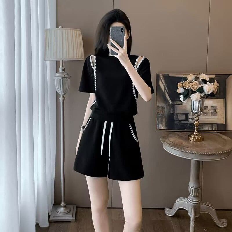 직공 울 여름 새로운 캐주얼 품격 스포츠 슈트 여성 레이스 칼라 오프숄더 반바지 반팔 투피스 세트