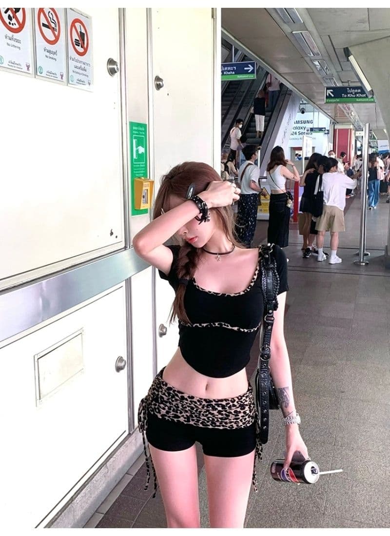 여름 몸매 가꾸기 디스플레이 몸 순수한 욕망 달콤한 핫걸 레오파드 무늬 패치워크 티셔츠 맨위 로우 웨이스트 스트랩 반바지 투피스 슈트 상세 이미지 1