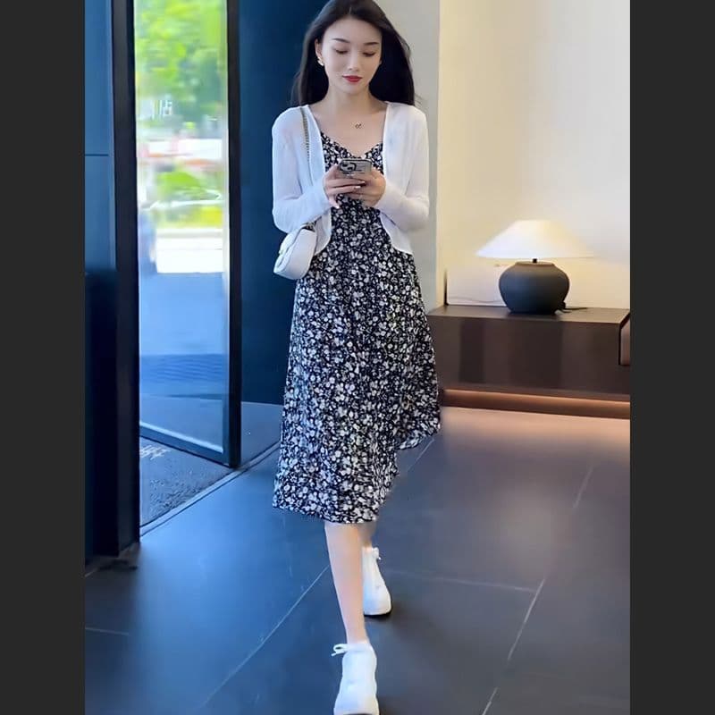 사면 신축 웜 천 봄 여름 새로운 슬립 꽃무늬 드레스 여성 긴 소매 자외선 차단 오픈 가디건 투피스 세트 이미지 3