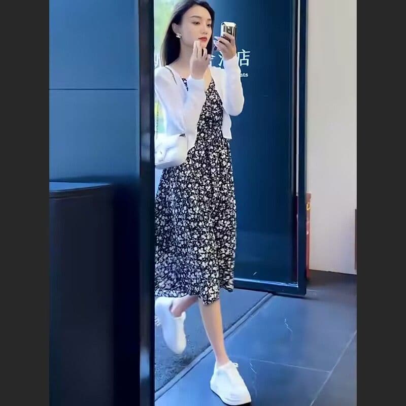 사면 신축 웜 천 봄 여름 새로운 슬립 꽃무늬 드레스 여성 긴 소매 자외선 차단 오픈 가디건 투피스 세트 이미지 2