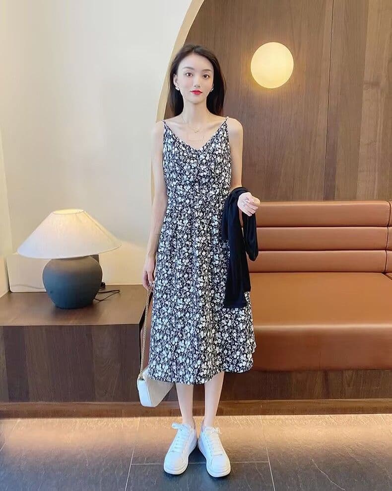 사면 신축 웜 천 봄 여름 새로운 슬립 꽃무늬 드레스 여성 긴 소매 자외선 차단 오픈 가디건 투피스 세트 상세 이미지 9