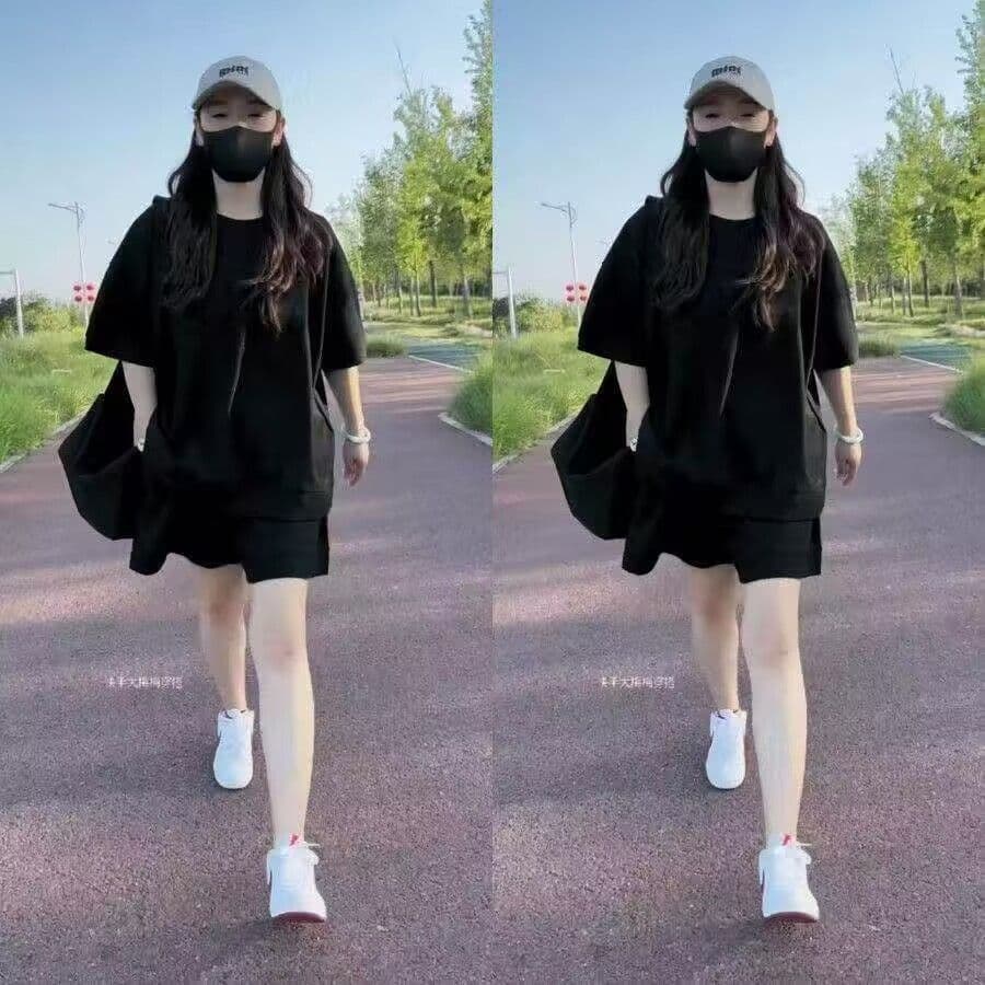 직공 울 빅 사이즈 여름 새로운 캐주얼 패션 세트 루즈핏 표지 고기 연령 감소 반팔 반바지 투피스 세트 이미지 5
