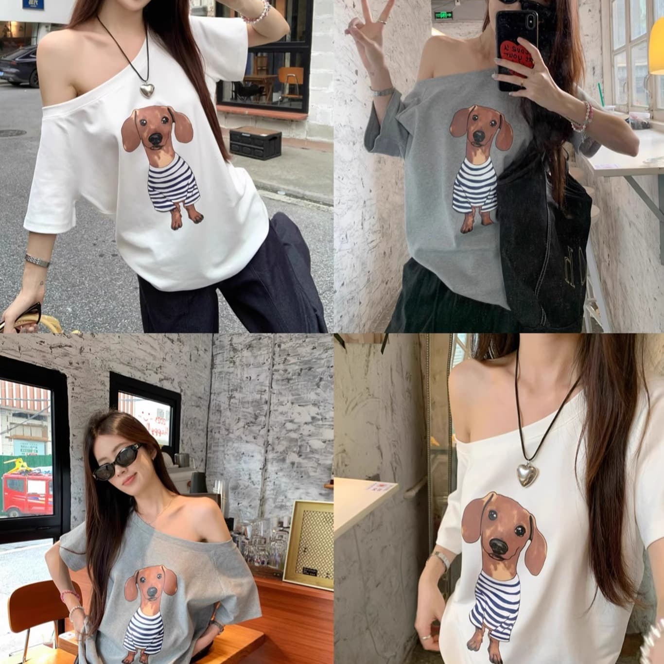 40 순면 220 그램 92 면 8 암모니아 Lun 비스듬한 칼라 오프숄더 오프숄더 반팔 티셔츠 여성 프린트 이미지 5