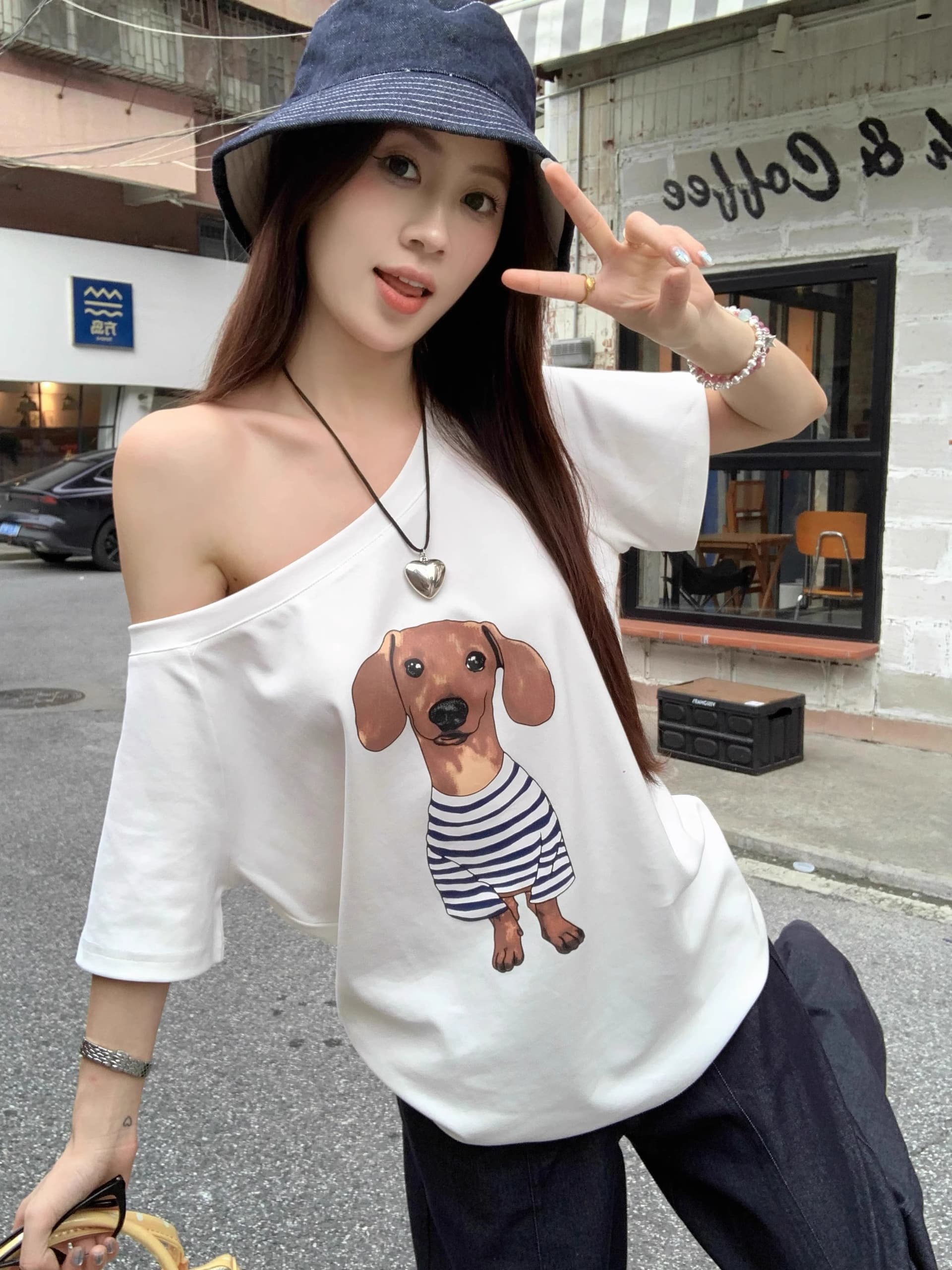 40 순면 220 그램 92 면 8 암모니아 Lun 비스듬한 칼라 오프숄더 오프숄더 반팔 티셔츠 여성 프린트 상세 이미지 3